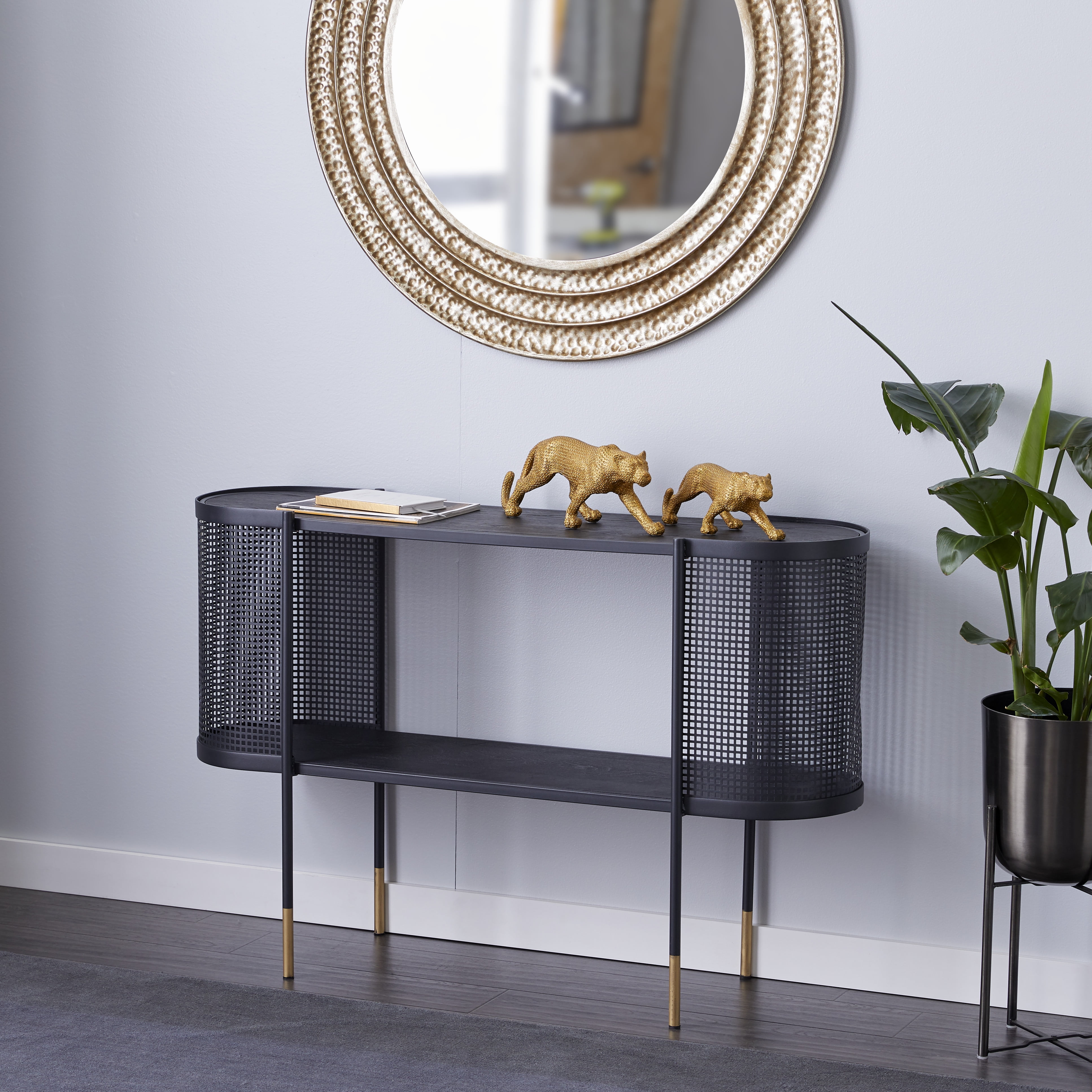 Decmode Oval Black Metal Wrapped Console Table With Open Storage Center