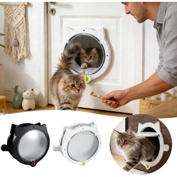 4-Way Locking Cat Door, Magnetic Flap Pet Door for Interior & Exterior Doors, Weatherproof Cat Door for Thin Doors & Walls, White