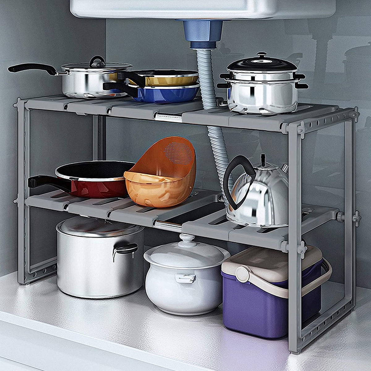 Household Under Sink 2 Tier Expandable Shelf Organizer Rack Storage Kitchen Tool 