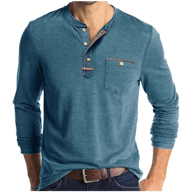 Chbgutlmr Shirts for Men V Neck Button Long Sleeve Comfy Solid Color Fall Casual Work Shirts Tops Pockets