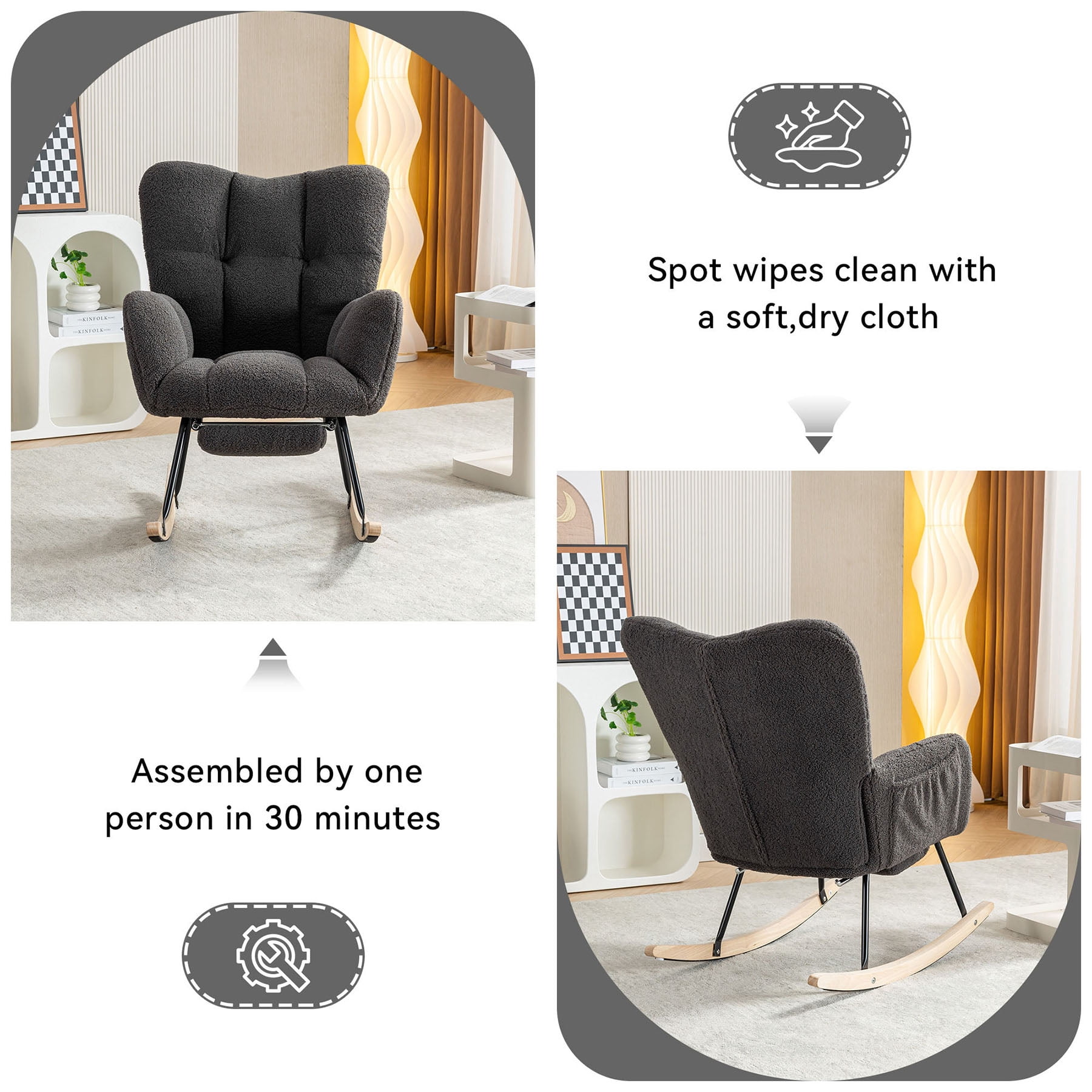S-HOME Teddy Fabric Rocking Chair with Adjustable Footstool, High Backrest and Storage Pocket for Versatile Indoor Use, Dark Gray