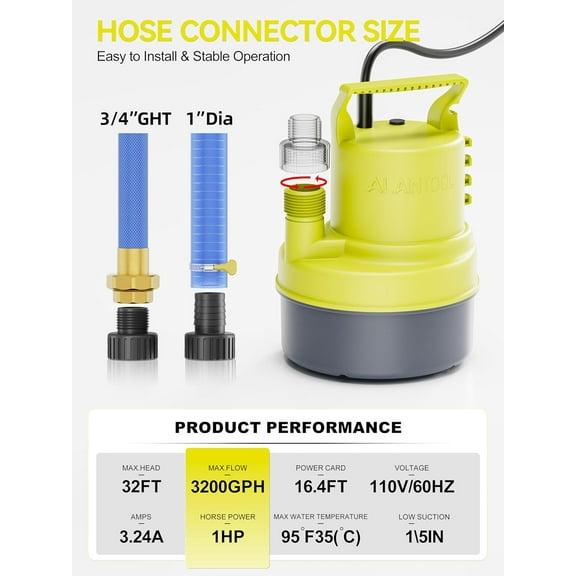 1/2  Submersible Water Pump 2900 GPH Portable Sump Pump For Pool, Basements, Puddles,  With 16.4 Ft Power Cord and Hose Adapters