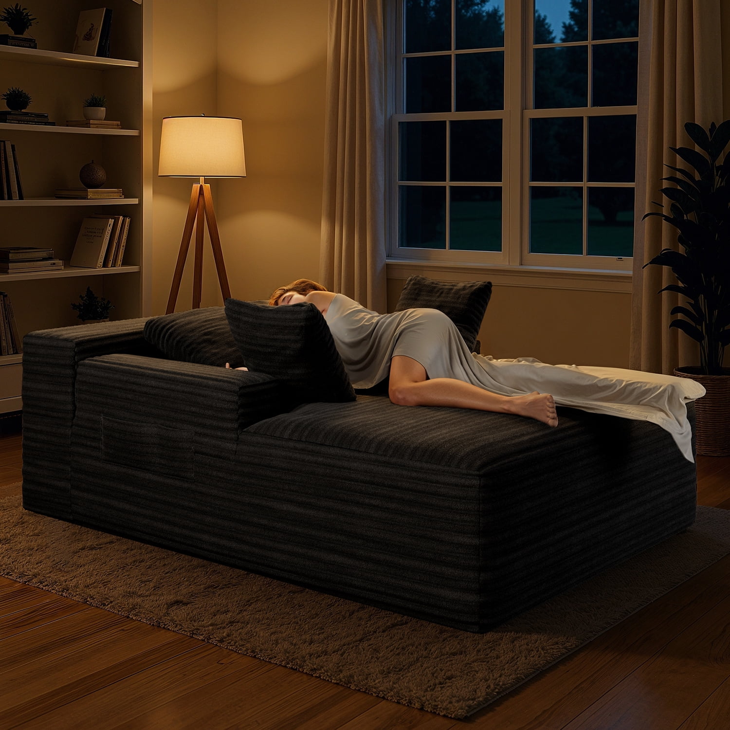 Lofka 47'' Oversized Chaise Lounge Chair Indoor, No Assembly Required, Sleeper Couch Fluffy Plush Corduroy Cloud Sofas Couches for Living Room, Black