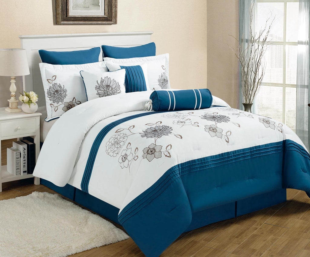 9 Piece Cremon Diva Blue And White Comforter Set