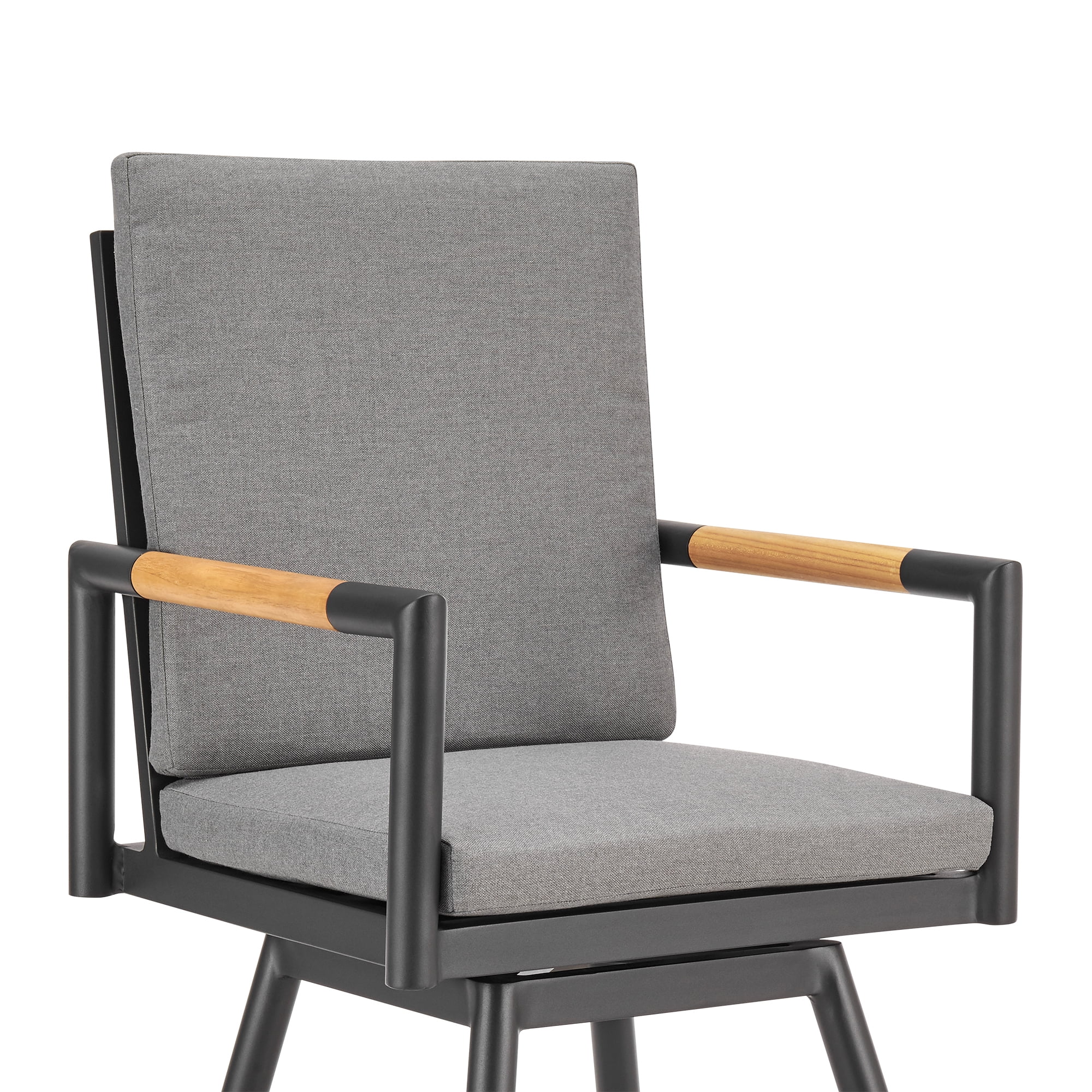 Crown Outdoor Patio Swivel Bar Stool in Black Aluminum with Wood Accent and Dark Gray Cushions - Set of 2