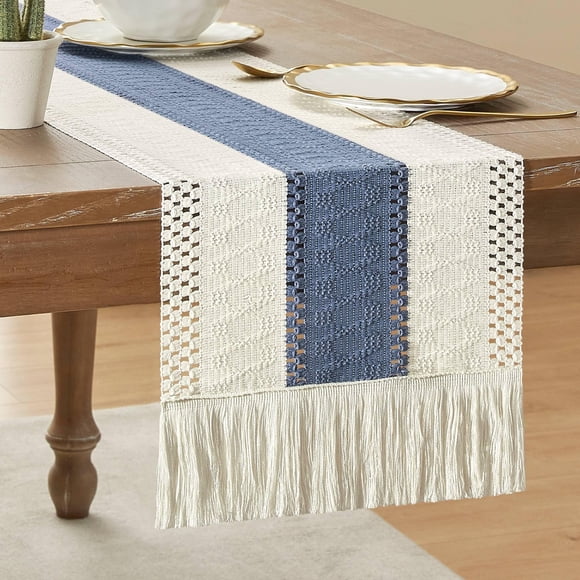 Tapete de mesa ZeeMart, estilo macramé, bicolor, 30 x 230 cm, azul/marfil