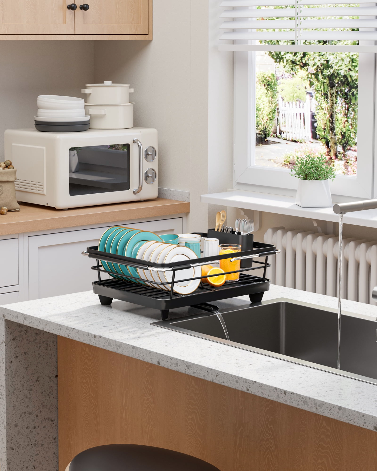 Sakugi Expandable Dish Drying Rack for Kitchen Counter, Stainless Steel Sink Organizer with Cutlery Holder, Space-Saving Dish Rack for Home and Apartment, 16" ~24"W x 12.6"D, Black