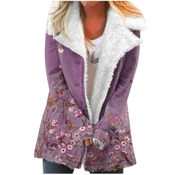 Dezsed Women's Fleece Lined Sherpa Jacket Clearance Women's Fashion Long Sleeve Pocket Plush Button Coat Purple B M