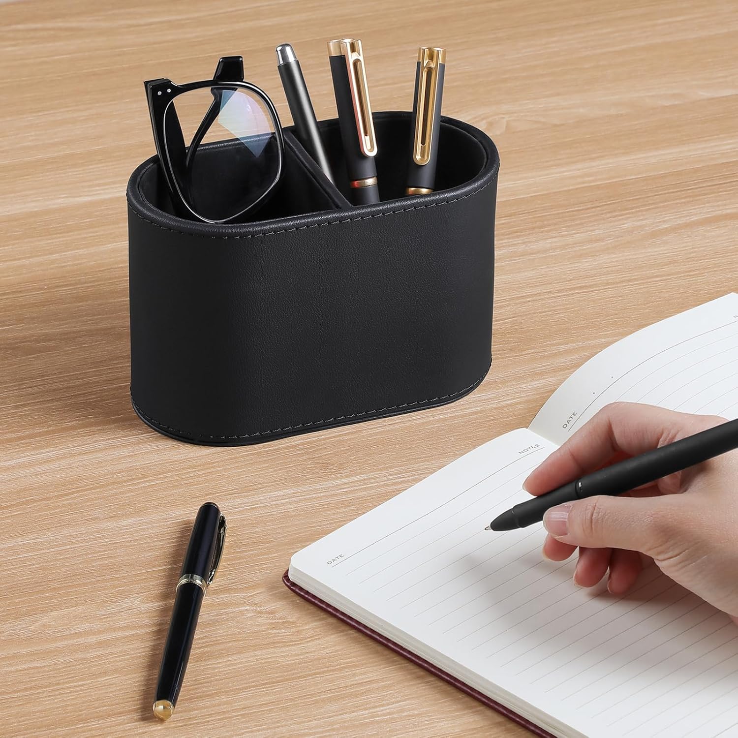 ABCISI PU Leather Pen Holder for Desk, Small Remote Control Holder Pencil Cup Multifunctional Desktop Organizer Caddy for Home School Office Desk Accessories - 2 Compartments (Black)