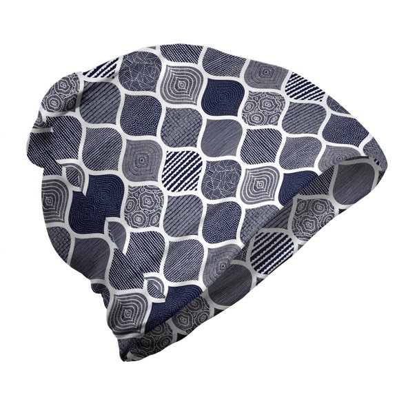 Abstract Unisex Beanie, Mix Shapes Streaks, Hiking Outdoors, Indigo and White, by Ambesonne
