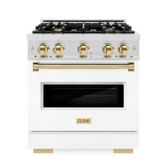 ZLINE Autograph 30" 4.2 cu. ft. Classic Dual Fuel Range with 4 Burners in DuraSnowÂ® Stainless Steel with White Matte Door and Polished Gold Accents, CDRSZ-WM-30-G