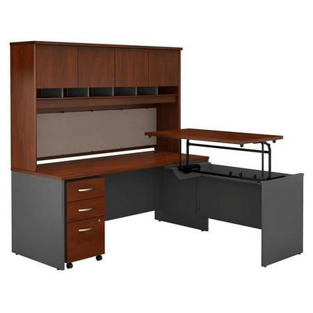 UPC: 0042976093716 | Bush Business Furniture 72W x 30D 3 Position L Desk w/ Hutch and File Cabinet Hansen Cherry
