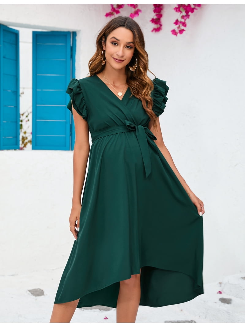 maternity smocked midi dress Yesfashion Women's Maternity Smocked Fly Sleeve Summer Dress V Neck Boho Ruffle Casual Swing Midi Dress Baby Shower Photoshoot, Infant Girl's, Size: