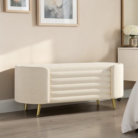 GZXS 44.9 Inch Oval Storage Bench, Beige Chenille Upholstered Ottoman with Hidden Compartment and Golden Metal Legs for Bedroom, Entryway, Living Room or Foot of Bed