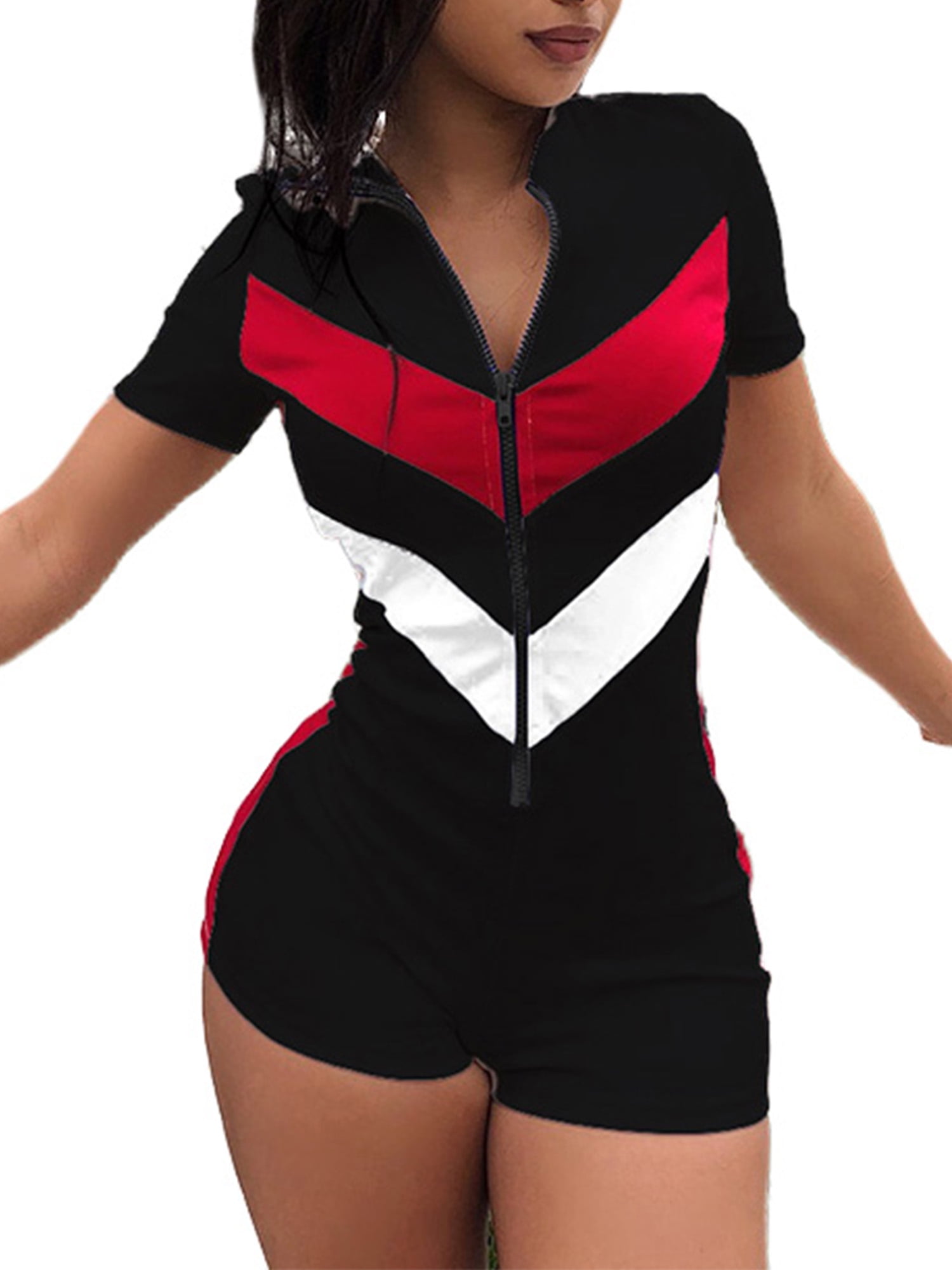 Lallc Women's Striped Playsuit Bodycon Slim Fit Sports Casual Zip