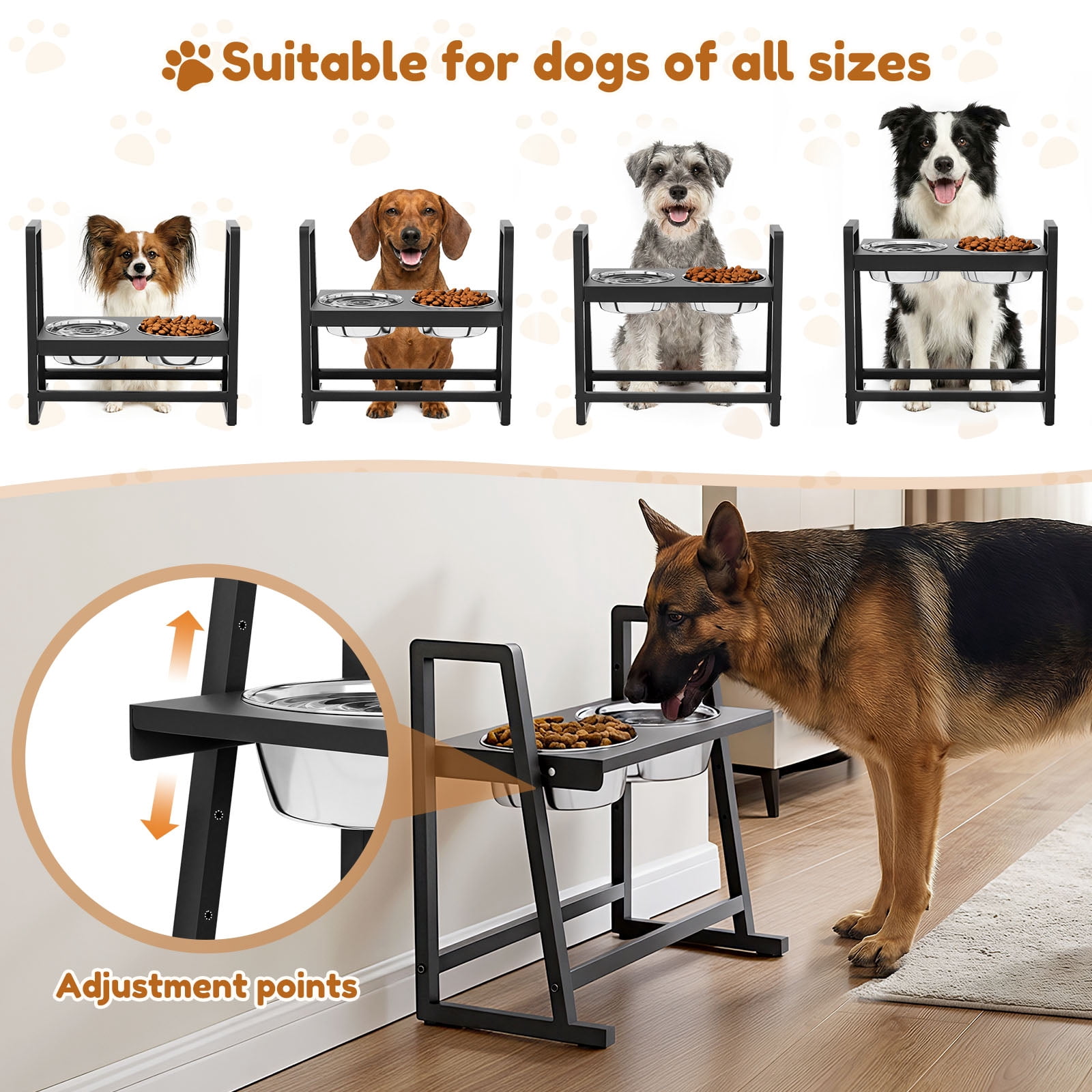 Enogets Elevated Dog Feeder with Stainless Steel Bowls, Adjustable 4-Level Height for Large Dogs, Easy-Clean Stand
