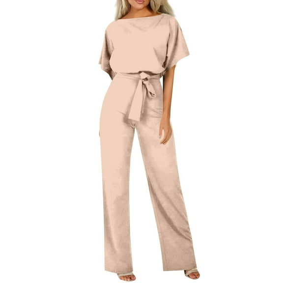 HSHMT Clearacne Sales Rompers for Women Casual Short sleeve Elegant Loose Belted Wide Leg Pant Crewneck Wedding Overalls Formal Outfits womens jumpsuit (1pc jumpsuit)