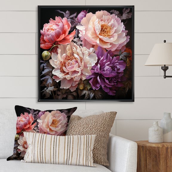 Designart "Peonies In Asian Painting I" Asian Floater Framed Canvas Print