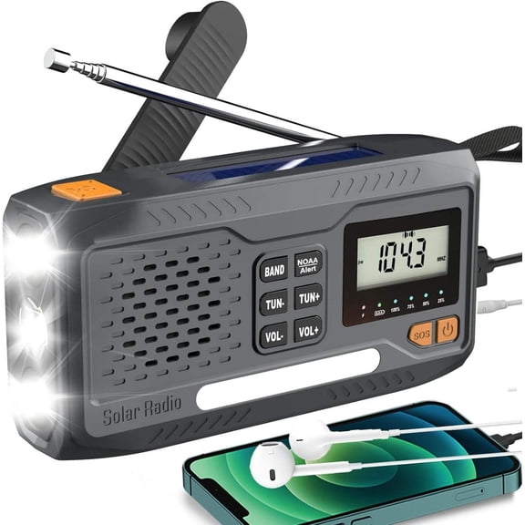 Digital Display Emergency Weather Radio with AM/FM/NOAA, Cell Phone Charger, Solar, Hand Crank, Flashlight, SOS Alarm, and Night Light
