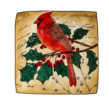 16.5" Hand Painted Embossed Square Glass Bird Bath, Holiday Cardinal