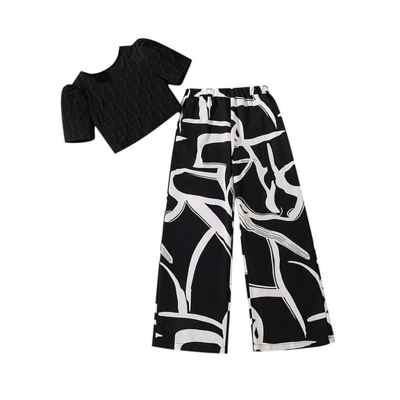 Odeerbi 8-13 Years Kids Girls Summer Outfits Cotton Short Sleeve Cropped Tops Wide Leg Pants Two-piece Set Casual Loungewear Kids Girls Clothes