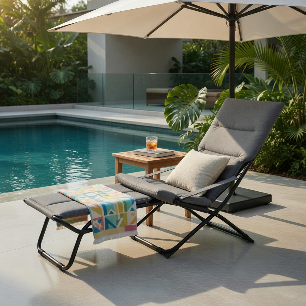 Hommoo Folding Sling Patio Chair with Ottoman Footrest & Removable Cushion, Weather-Resistant Outdoor Lounge Set for Backyard, Balcony, Poolside, Gray