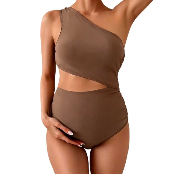 JIAHONG Maternity Swimsuit Cutout One Shoulder Bikini Set 2 Piece Bathing Suits with Adjustable Tie and High Waist Bottom, Brown