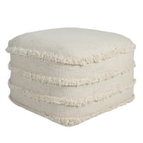 LR Home Small Fringe Striped Indoor Square Pouf, Beige, 18" x 18" x 14"