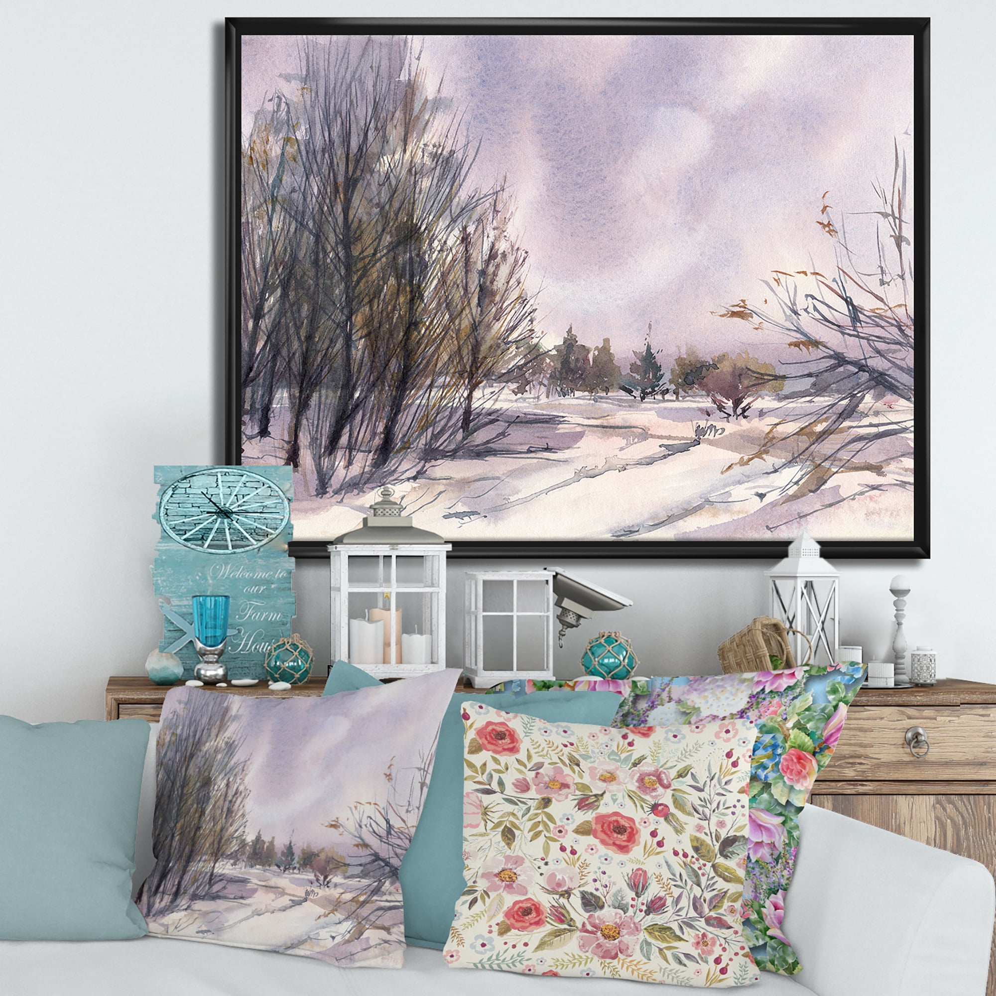 Designart 'Purple Snowy Tones With Winter Landscape' Traditional Framed Canvas Wall Art Print
