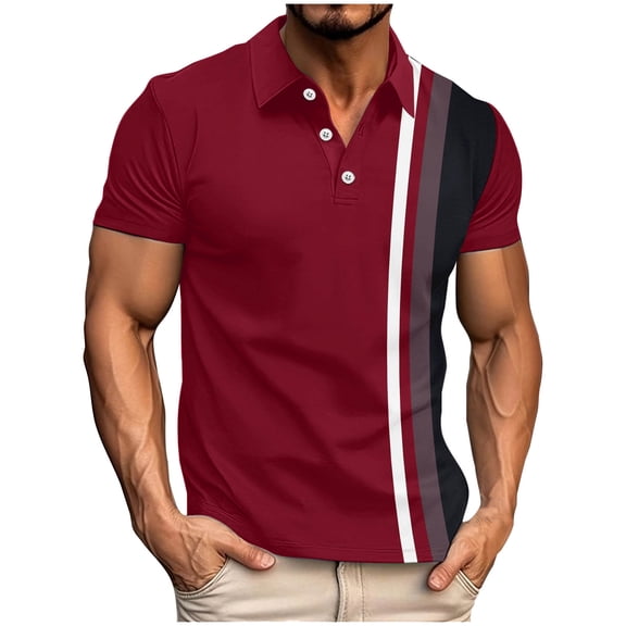 Lenpel Men's Collared T-Shirts Short Sleeve Quarter Button Striped Color Block Big and Tall Shirts Casual Tee Tops