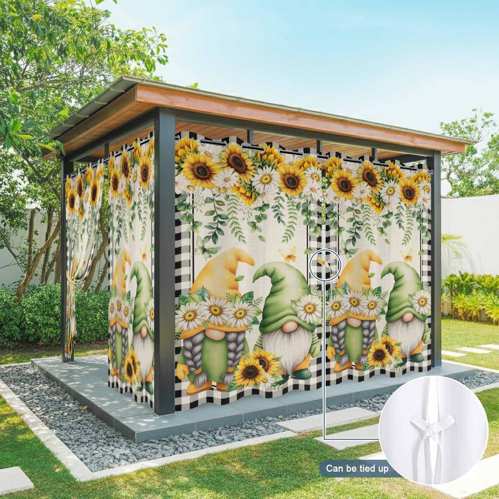 2 Panels Outdoor Curtains for Patio Waterproof 54"x84" Sunflower Gnomes Weatherproof Privacy Outsides Curtains, Spring Farmhouse Vintage Daisy Floral Leaf Grommet Thermal Drapes for Cabana Porch