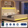 thumbnail image 3 of Greenstell Queen Size Bed Frame with LED Light and Charging Station, Velvet Upholstered Platform Bed Frame with Diamond Tufted Headboard and Wingback,White, 3 of 7