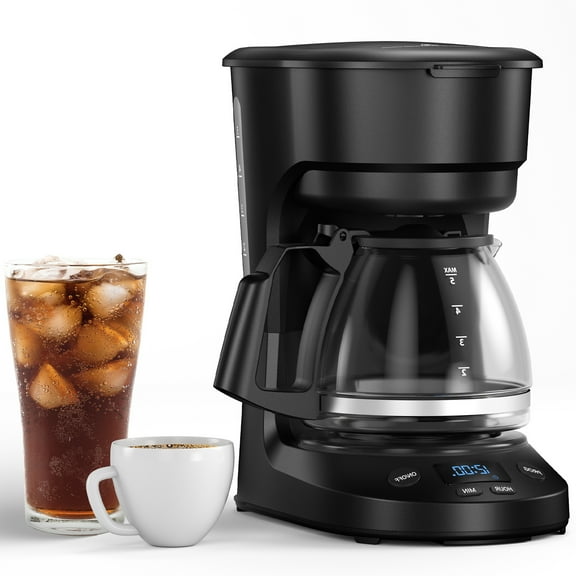 Compact 5-Cup Drip Coffee Maker with 2-Hour Keep Warm, Reusable Filter & Drip-Free Carafe – Stainless Steel & Glass Design, Ideal for Home, Office, or Outdoor Use