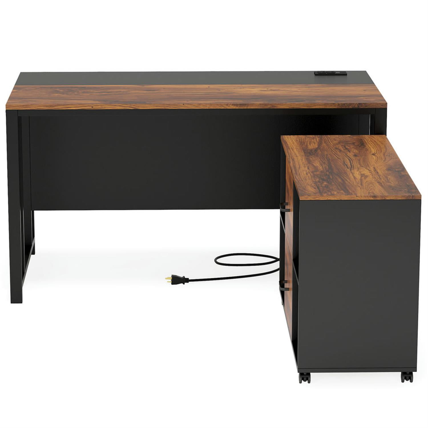 Demi Bonn Modern L Shaped Gaming Computer Desk, 55" Corner Executive Desk with Power Outlet and File Cabinet for Home Office, Brown