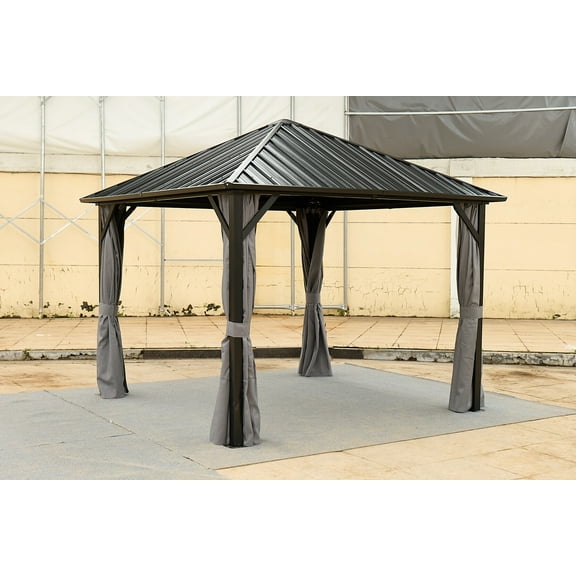 10x10FT Outdoor Permanent Hardtop Gazebo with Aluminum Frame & Steel Roof Canopy - Weatherproof All-Season Patio Shelter with Drainage System & Mosquito-Blocking Mesh for Backyard