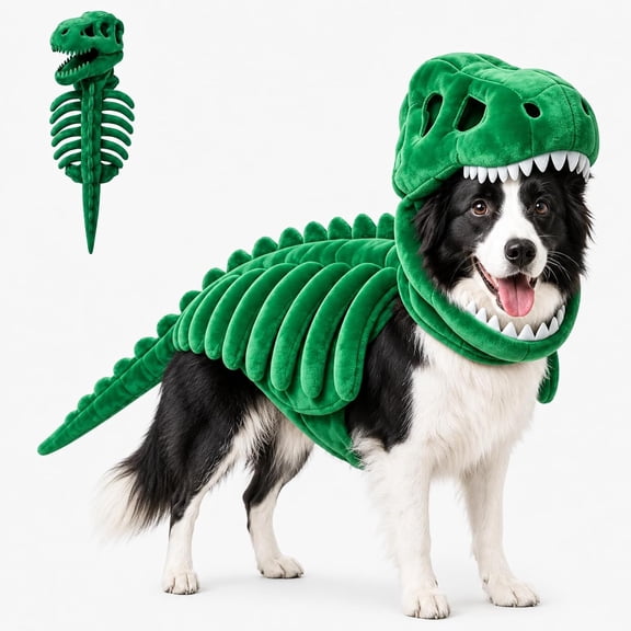 Pet Dinosaur Costume Soft Plush Skeleton Green Realistic 3D Design, Machine Washable, Flexible Tail, Slip-On for Halloween Parties Medium Large Dogs Cats.