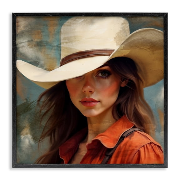 Cowgirl Gaze Beneath Hat Black Framed Giclee Art, design by Kim Allen