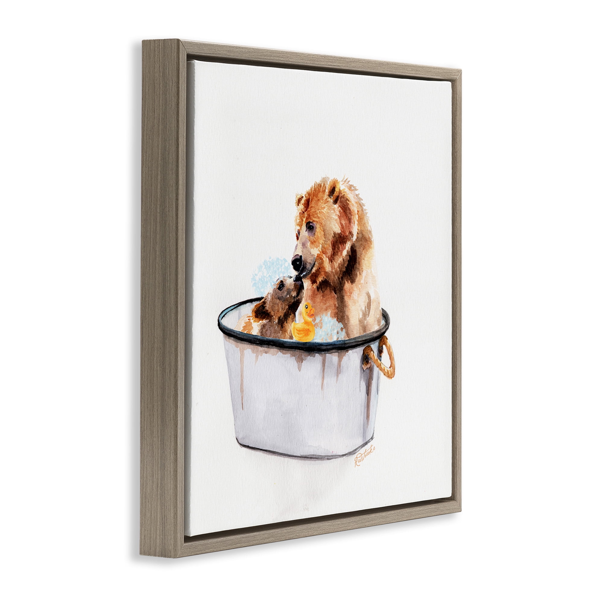 Stupell Industries Mother Bear & Cub Bathing Animals & Insects Painting Brown Floater Framed Canvas Art Print Wall Art, 25 x 25