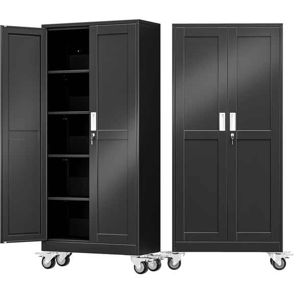 71" Tall Metal Garage Storage Cabinet with Wheels and Locking Doors and Tall Rolling Steel Tool Cabinet with 4 Adjustable Shelves for Garage,Home,Office,Shop (Black)
