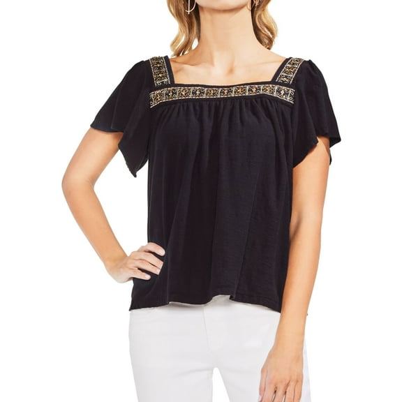 Vince Camuto Womens Embroidered Sequin Pullover Blouse, Black, Small