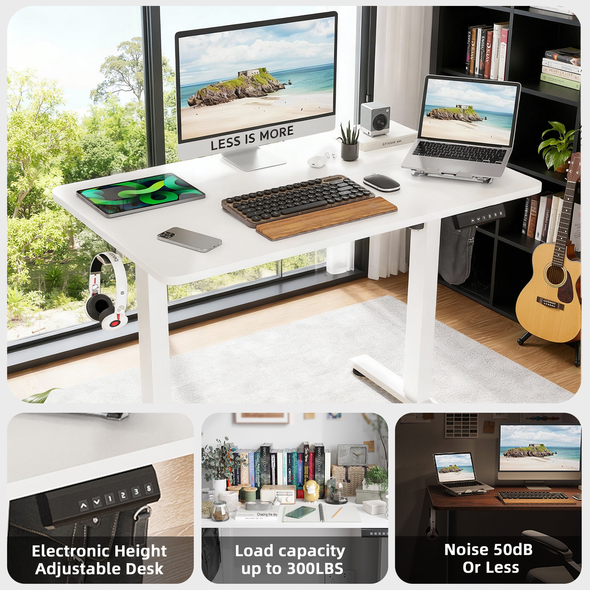 MAYEERTY 40×24" Electric Height-Adjustable Desk, Sit Stand Desk with Side Hooks for Home & Office, White