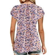 TEMOFON Blouses for Women Short Sleeve Tops Dressy Casual Summer Shirts V Neck T Shirts for Womens Clothes Floral Print Ruffle Sleeve Loose Fashion Eyelet Hollow Out Tee
