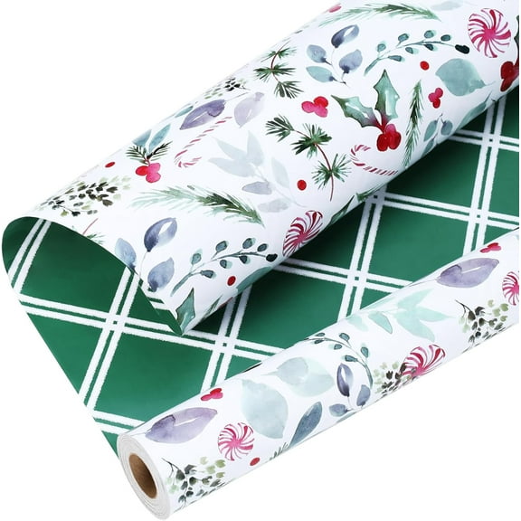 BAN Vintage Christmas Wrapping Paper Roll,Reversible Gift Wrap with Holly Leaves,Red Berries,Candy Cane&Green Plaid Design, Double-Sided Xmas Wrapping Paper for Holiday,Season Party,17 inch x 33 feet