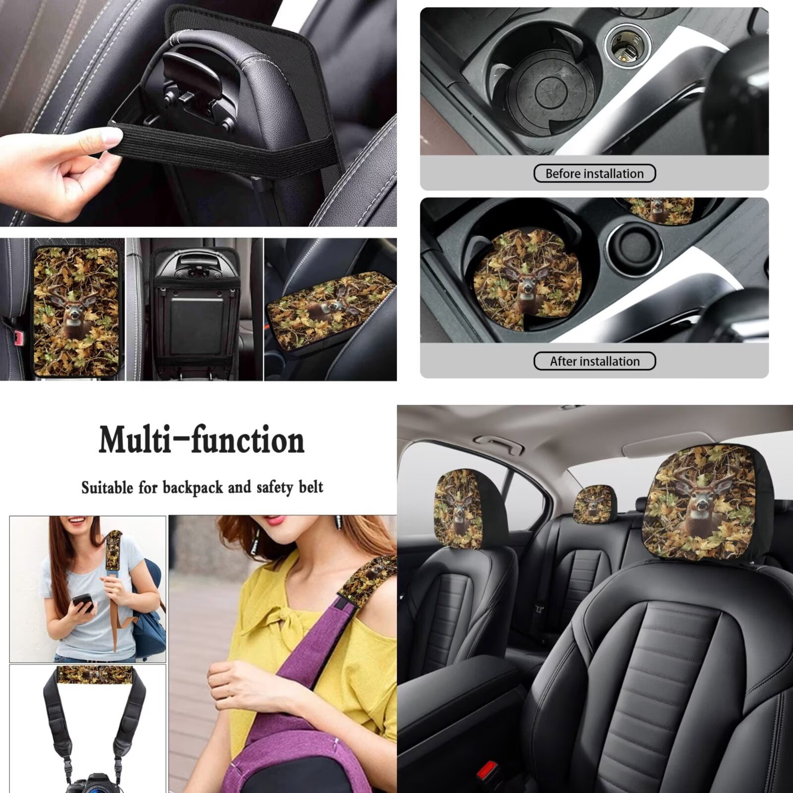 LedBack Deer Hunting Print Auto Seat Covers Full Set Non Slip Automotive Steering Wheel Covers Auto Seatbelt Pads Lipstick Holder Keychain Breathable Headrest Covers for Car Interior Decor