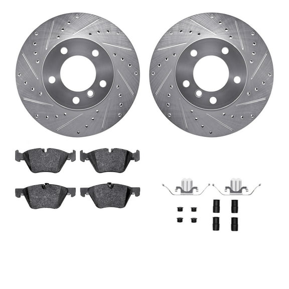 Dynamic Friction Company Front Brake Rotors-Drilled and Slotted-Silver with 5000 Advanced Brake Pads includes Hardware 7512-31069