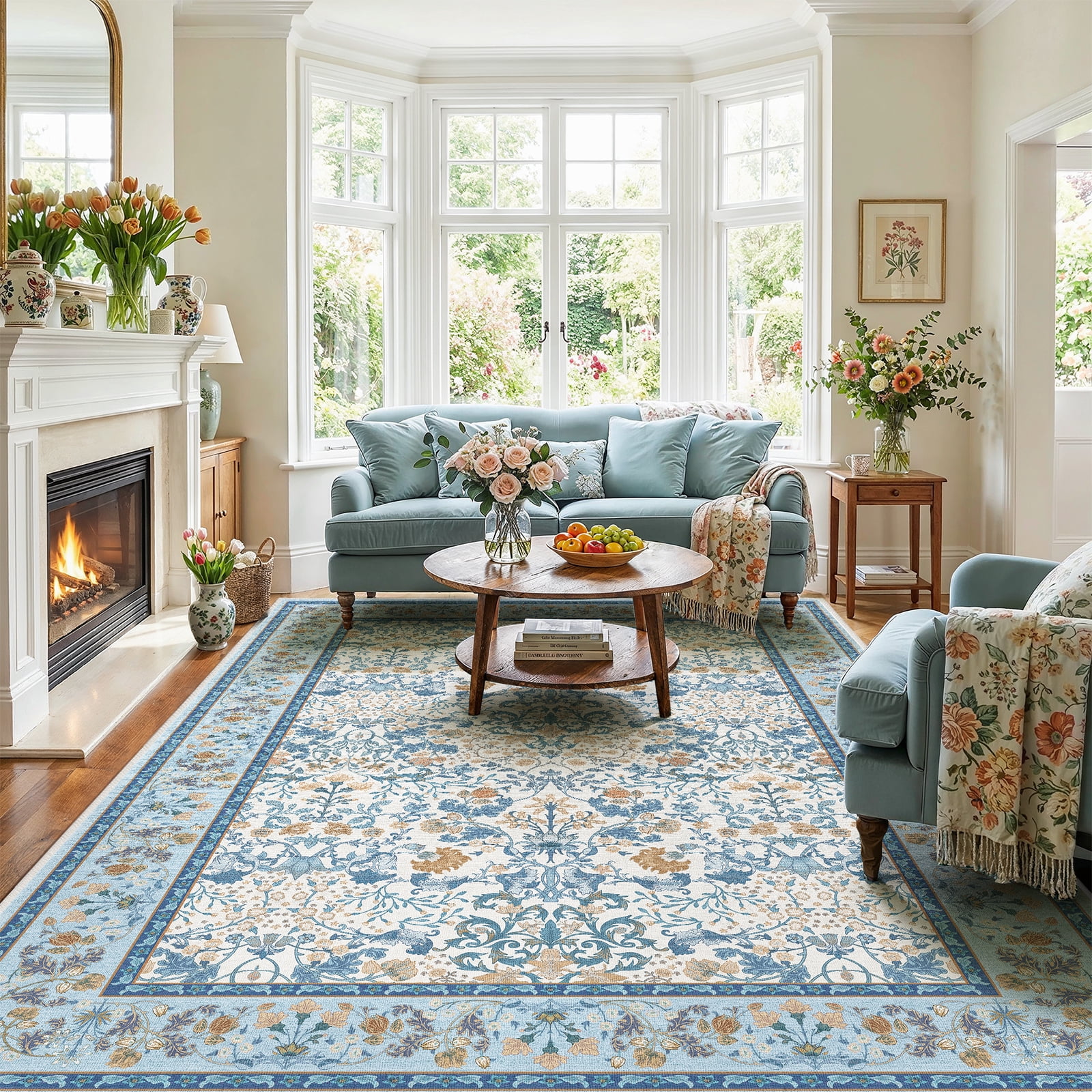 CHITOOMA 5'x7' Area Rugs for Living Room, Floral Washable Rug Boho Non-Slip Printed Carpet, Vintage Stain Resistant Indoor Rug for Bedroom Dining Room Home Office