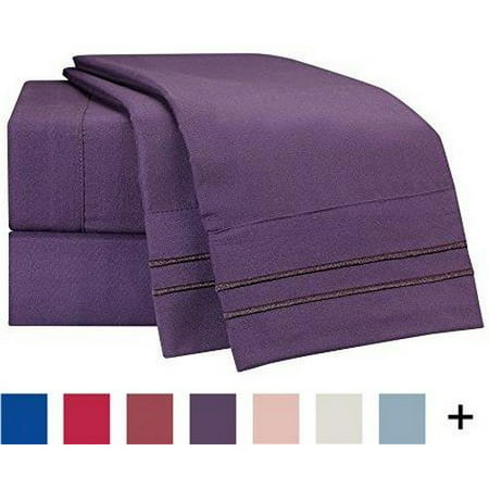 Clara Clark Supreme 1500 Collection 5pc Bed Sheet Set - Split King Size, Purple Eggplant, Split King Size 5pc Set - Flat Sheet 108