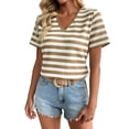 thumbnail image 2 of ClodeEU Women's V Neck Striped Short Sleeve T-Shirt, Casual Loose Fit Summer Tee Khaki,Women's Plus L, 2 of 7