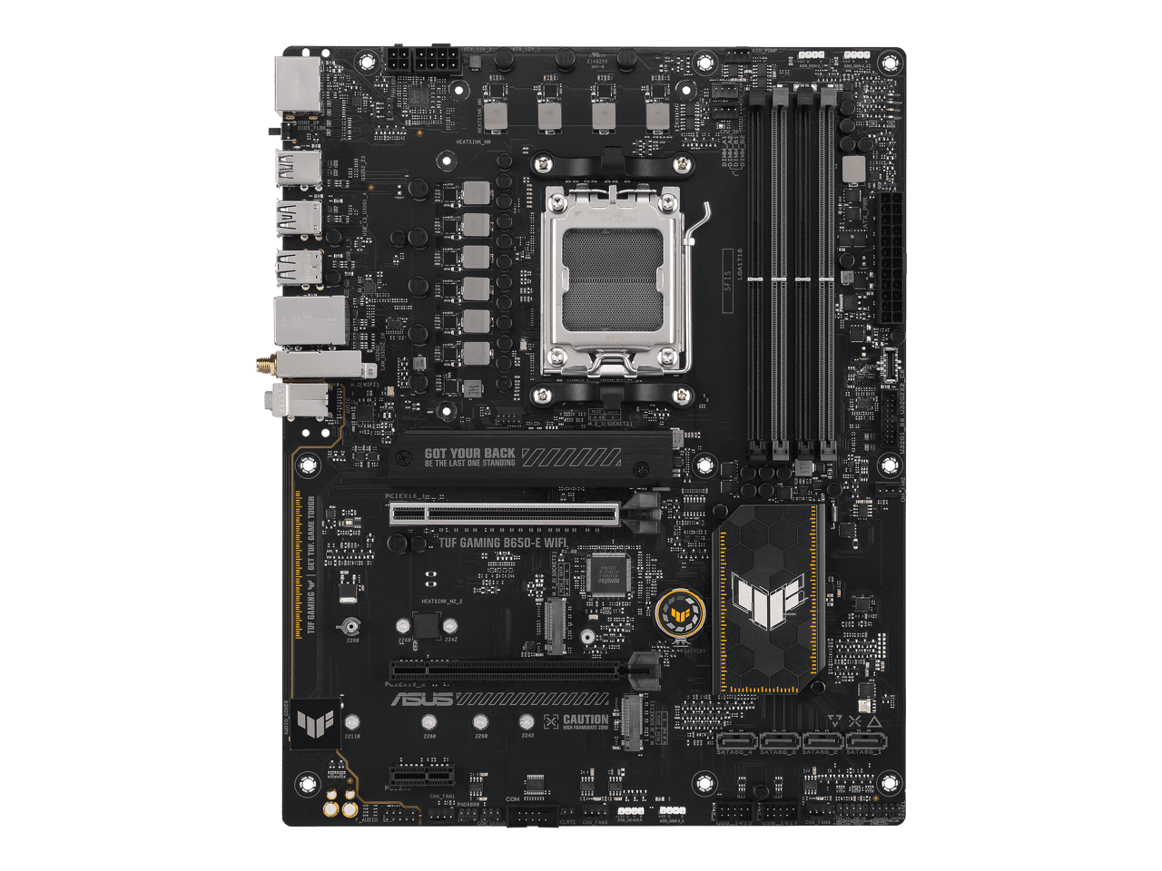 ASUS TUF GAMING B650-E WIFI AMD B650 AM5 ATX motherboard, DDR5, 8+2 teamed power stages, PCIe 5.0, a PCIe 5.0 M.2 slot, Realtek 2.5 Gb Ethernet, Wi-Fi 6E, HDMI, DisplayPort, front USB 20Gbps Type-C