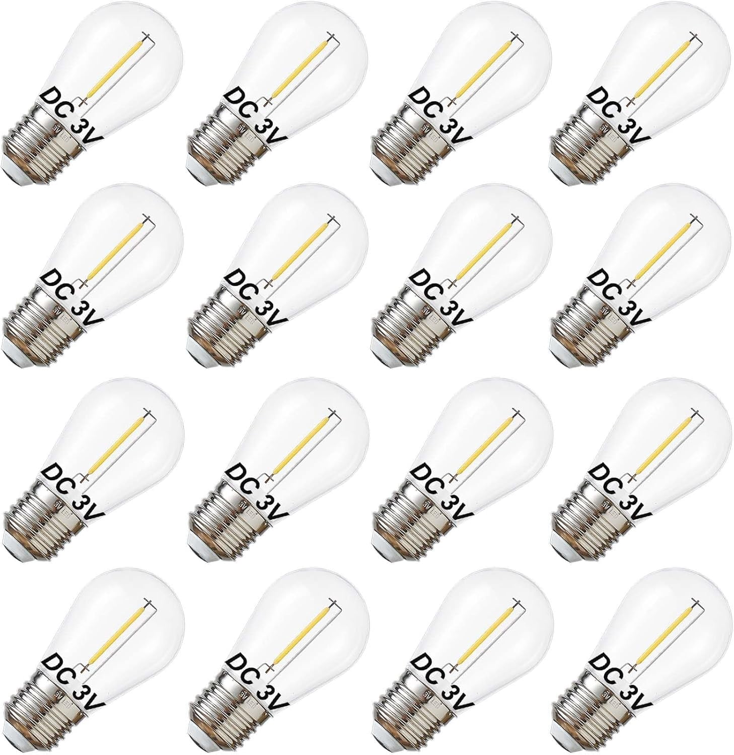 FEFEFW-DC 3V Low Voltage Solar String Light Bulbs, Only for 3V DC, Burn Out at 120V, Shatterproof Waterproof S14 LED Bulbs, E26 Base, 1W Warm White 2700K, 16 Pack